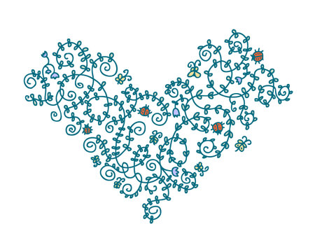 Heart shaped doodle pattern with tangled plants, ladybugs and butterflies. Pastel delicate colors. Hand drawn vector illustration for any purpose.のイラスト素材