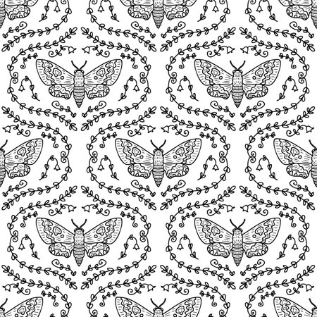 Acherontia atropos monochrome realistic doodle hawk moth seamless pattern. Perfect print for tee, paper, textile and fabric. Hand drawn vector illustration.のイラスト素材