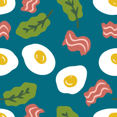 Breakfast Duo Pattern seamless pattern with fried eggs, bacon and salad. Great design for any purpose. Hand drawn vector illustration.のイラスト素材