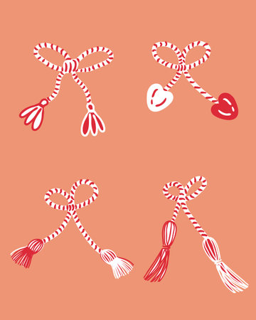 Red and white Martisor 1 March spring celebration gift vector clipart collection. Perfect for poster, card, sticker.のイラスト素材