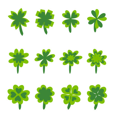 Good luck four leaf clover plant symbols collection for Saint Patricks Day. Perfect icon set for card, sticker, poster. Hand drawn isolated vector illustration.のイラスト素材