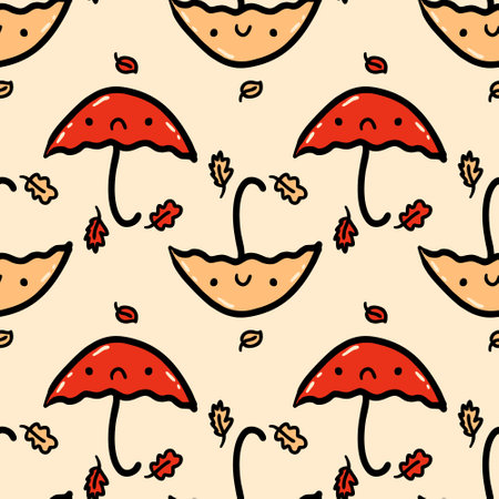Fall artwork doodle seamless pattern with umbrellas and leaves. Perfect print for paper, textile and fabric. Hand drawn vector illustration.のイラスト素材