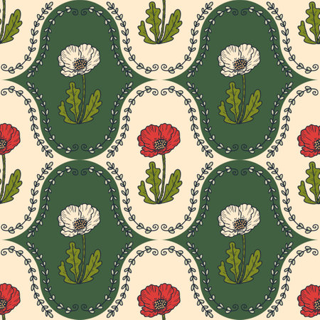 Damask style poppy flowers plants seamless pattern. Bright summer print for tee, paper, textile and fabric. Doodle vector illustration.のイラスト素材