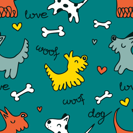 Hand drawn seamless pattern with dogs, inscriptions and bones. Perfect print for tee, paper, textile and fabric. Doodle vector illustration for decor and design.のイラスト素材