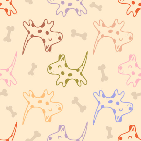Doodle cute running spotted dogs with bones seamless pattern. Animal cartoon vector character print. Perfect for tee, paper, textile and fabric.のイラスト素材