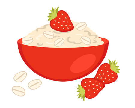 Oatmeal porridge in red bowl with strawberry berries. Perfect for menu, sticker, poster.のイラスト素材
