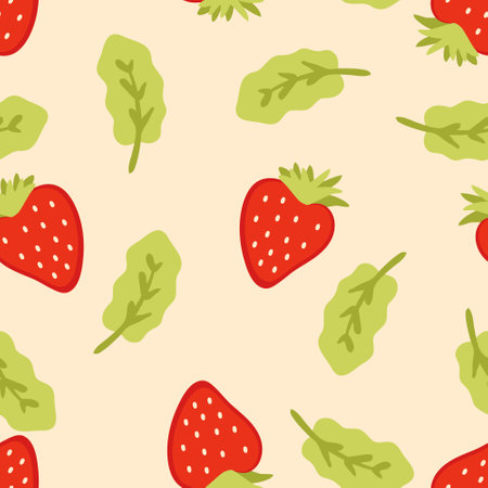 Summer seamless pattern with strawberry berries and leaves. Perfect print for paper, textile and fabric. Hand drawn vector illustration.のイラスト素材