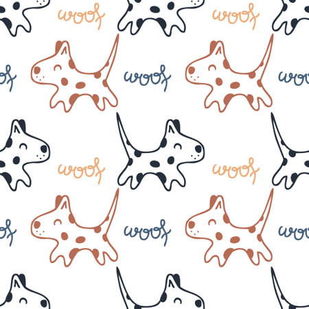 Doodle cute running spotted puppies with text woof seamless pattern. Animal cartoon vector character print. Perfect for tee, paper, textile and fabric.のイラスト素材