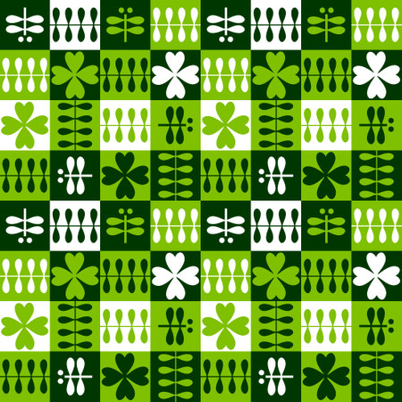Swiss style seamless pattern with four leaf clovers and dragonflies. St Patricks Day print for card,...
