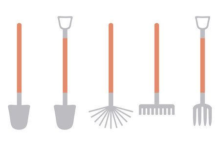 Hand drawn shovels and rakes clipart collection. Summer gardening tools flat set. Vector illustration isolated on white background.のイラスト素材