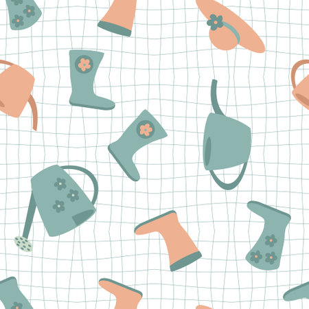 Gardening workwear and water cans on grid distorted background seamless pattern. Perfect summer print for tee, paper, textile and fabric. Hand drawn vector illustration for decor and design.のイラスト素材
