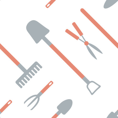 Hand drawn garden inventory seamless pattern. Perfect print for paper, textile and fabric. Simple vector illustration for decor and design.のイラスト素材