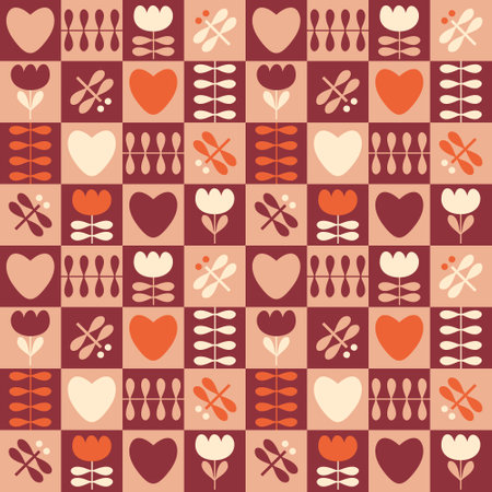 Swiss style seamless pattern with dragonflies, tulip flowers and hearts. Geometric print for tee,...