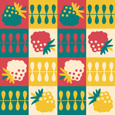 Simple retro pattern with daisy flowers and raspberries. Summer print for pillow, blanket, textile and fabric. Hand drawn floral vector background.のイラスト素材