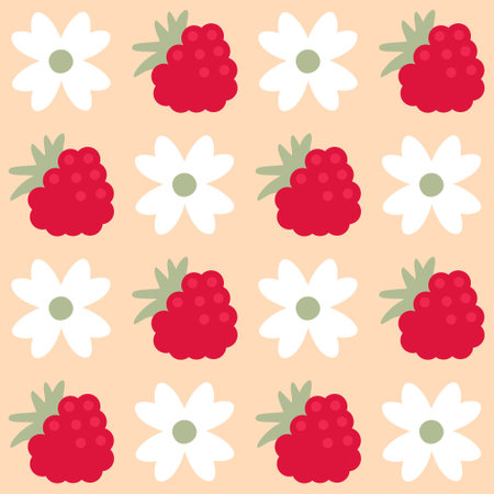 Simple summer pattern with flowers and raspberries. Geometric retro print for curtain, tablecloth, textile and fabric. Hand drawn vector background for decor and design.のイラスト素材