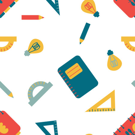School theme elements seamless pattern. Back to education print for college, high school, university. Hand drawn vector illustration.のイラスト素材