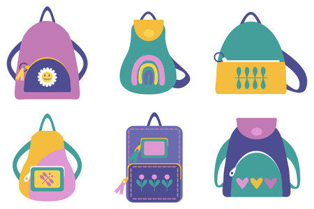 School backpacks and schoolbags clipart collection. Great design for any purpose. Hand drawn isolated vector illustration.のイラスト素材