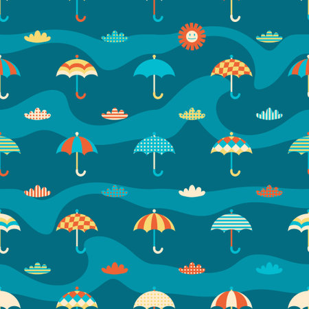 Abstract umbrella on the wavy sky background seamless pattern. Perfect print for textile, fabric, paper. Retro style vector illustration.のイラスト素材