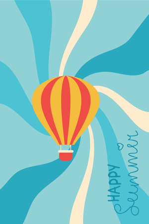 Vertical poster with hot air balloon in summer sky. Perfect template for banner, card, label, sale. Hand drawn vector illustration.のイラスト素材