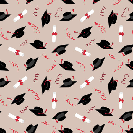 Tassel, cap and certificate graduation seamless pattern. Congratulations graduates celebration design for college, high school, university. Hand drawn illustration.の写真素材