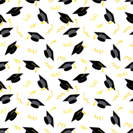 Class of graduation seamless pattern with tassel and cap. Congratulations graduates celebration design for college, high school, university. Hand drawn illustration.の写真素材