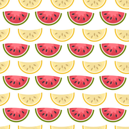 Summer vector seamless pattern with melon and watermelon slices. Perfect art background for banner, card, textile, fabric, paper, sale. Hand drawn illustration.のイラスト素材