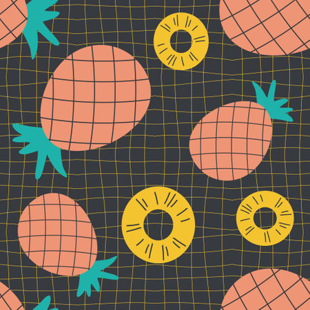 Groovy style pineapples and slices seamless pattern on grid distorted background. Hippie aesthetic...