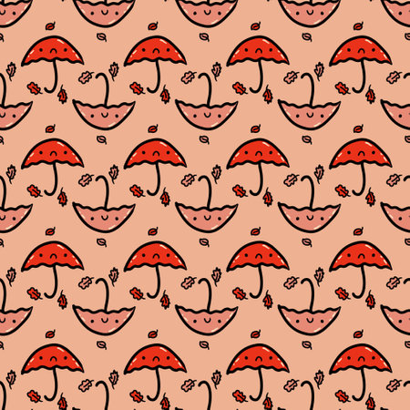 Fall artwork doodle seamless pattern with umbrellas and leaves. Perfect print for paper, textile and fabric. Hand drawn illustration.の写真素材