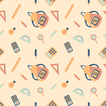 Back to school elements seamless pattern. Perfect print to fabric, textile, paper, card. Hand drawn illustration.の写真素材