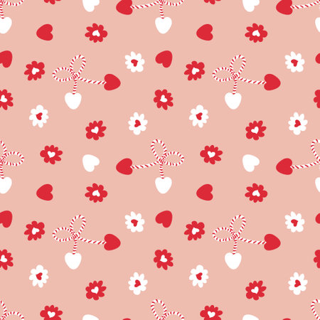 Seamless pattern with martisor symbol of spring, hearts and flowers. Print for paper, textile and fabric. Perfect surface design.の写真素材