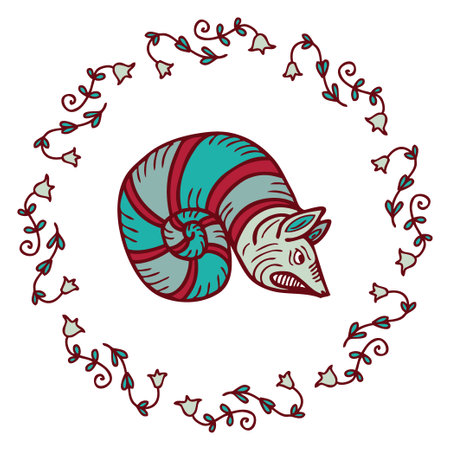 Gothic medieval bestiary angry hog snail framed by bluebell flowers. Perfect print for tee, sticker, card, poster. Hand drawn vector illustration.のイラスト素材