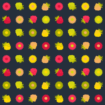 Aesthetic pattern with daisy flowers and raspberries. Summer retro print for curtain, tablecloth,...