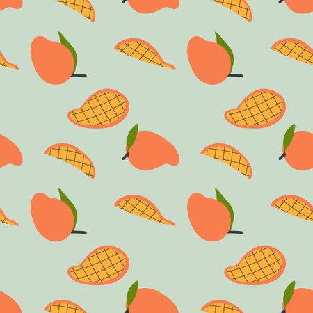 Flat style seamless pattern with mango slices. Perfect art background for banner, card, textile, fabric, paper, sale. Hand drawn illustration.の写真素材
