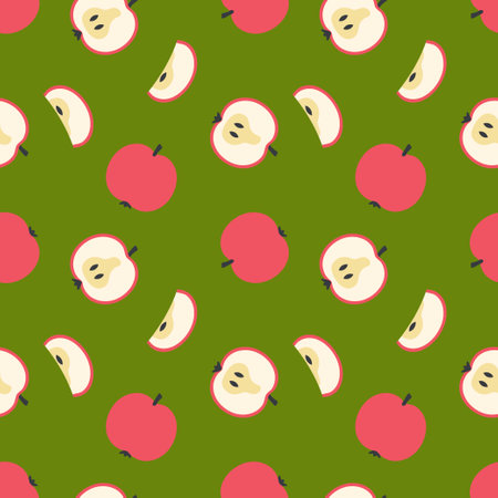Modern art minimalist style seamless pattern with apple halves and slices. Perfect for banner, textile, fabric, paper, label, sale. Hand drawn illustration.の写真素材