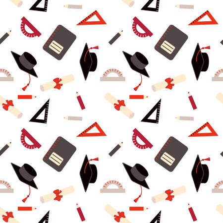 Class of graduation seamless pattern with caps and diploma rolled scroll. Perfect design for college, high school, university. Hand drawn illustration.の写真素材