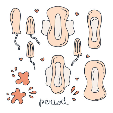 Women period doodle elements set in flat style. Tampons and pads gynecological hygiene products. Hand drawn vector isolated illustration.のイラスト素材