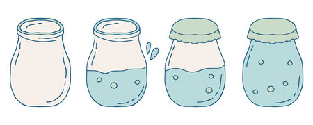 Empty, full and half-full glass jars of water illustration set. Vector doodle sketch collection of different glass jars. Hand drawn illustration isolated on white background.のイラスト素材