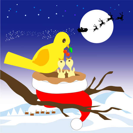 santa gave his hat for yellow birds as a gift, cartoon, vectorのイラスト素材