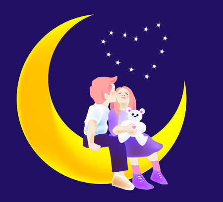 vector illustration for a boy kissing a girl and they are sitting on a crescent moon, imagination.のイラスト素材