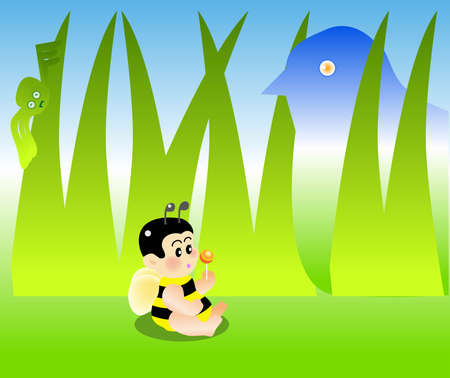 vector illustration for a  bee eating a sweet and behind are danger waiting for him.のイラスト素材
