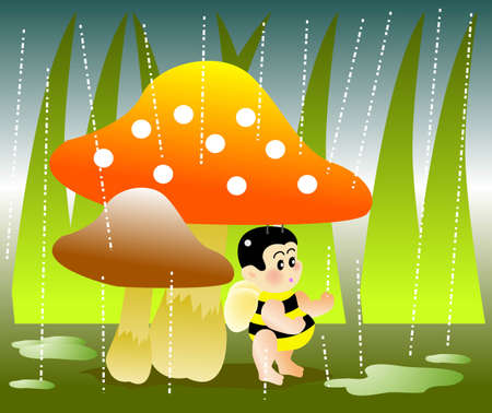 vector illustration for a  bee hide under a mushroom for raining dayのイラスト素材