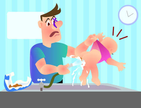 The father flushes the baby's buttocks with the hose to clean the excrementのイラスト素材