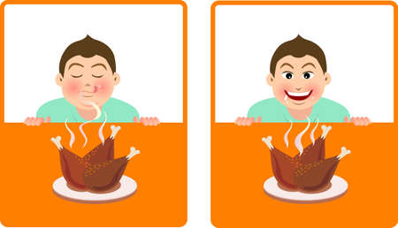 expression for a boy smell the fragrance of fried chicken and desirous of foodのイラスト素材