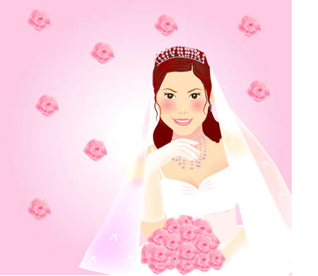 A beautiful bride holding a bouquet of pink rose with a romance moodのイラスト素材