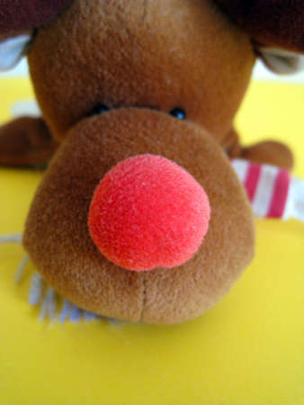 close up the red nose of a reindeer soft toy