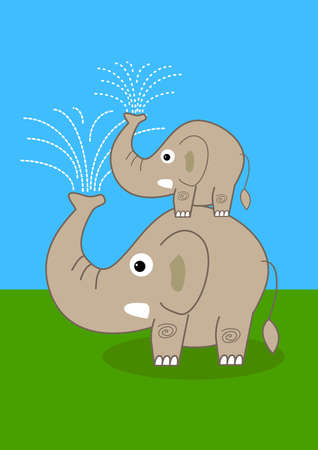 young elephant stan on mother back and spray out the water together.の写真素材