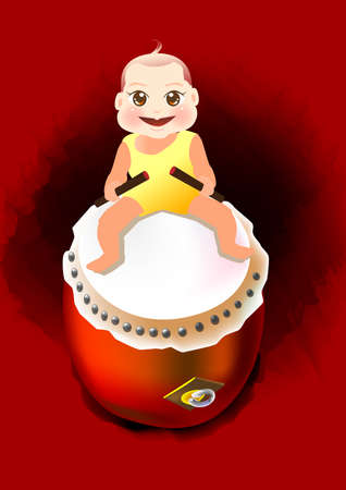 a baby is siting on a big drum and playing with it.の写真素材