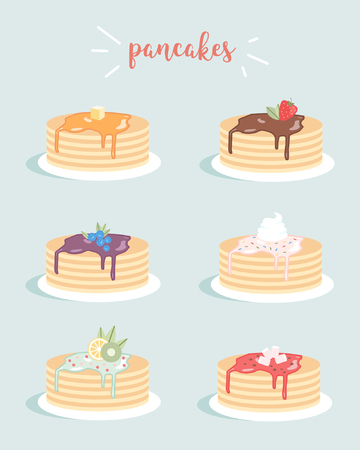 Set of pancakes vector illustration on blue backgroundのイラスト素材