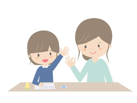 It is an illustration of a girl and a mother doing home study.のイラスト素材
