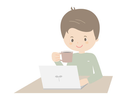 Illustration of a young man drinking coffee while looking at a laptop.のイラスト素材